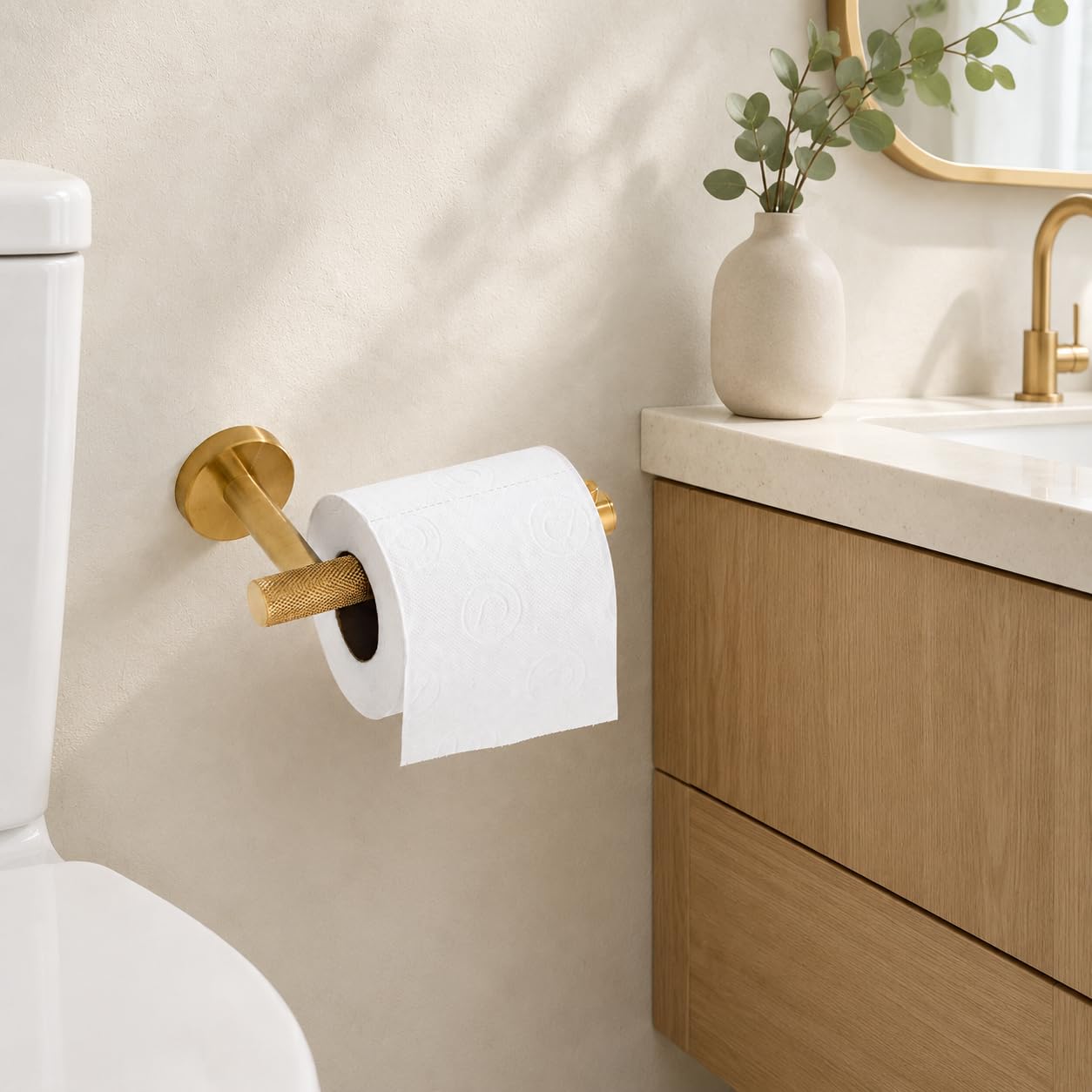 Brushed Gold Toilet Paper Holder, Wall Mounted Toilet Tissue Holder, SUS304 Stainless Steel, Fits Mega & Jumbo Rolls, Solid Knurled Detail, Modern Bathroom Hardware — Amazon image 3