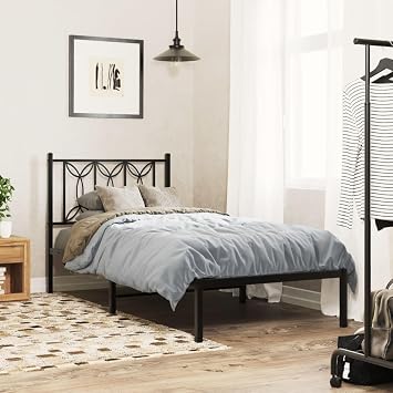 Small Single Bed Frame 75x190 cm in Black Steel with Headboard and Metal Slats, Space-Saving Under-Bed Storage, Sturdy 196 x 80 x 90 cm for Kids Loft Bedroom Guest Room