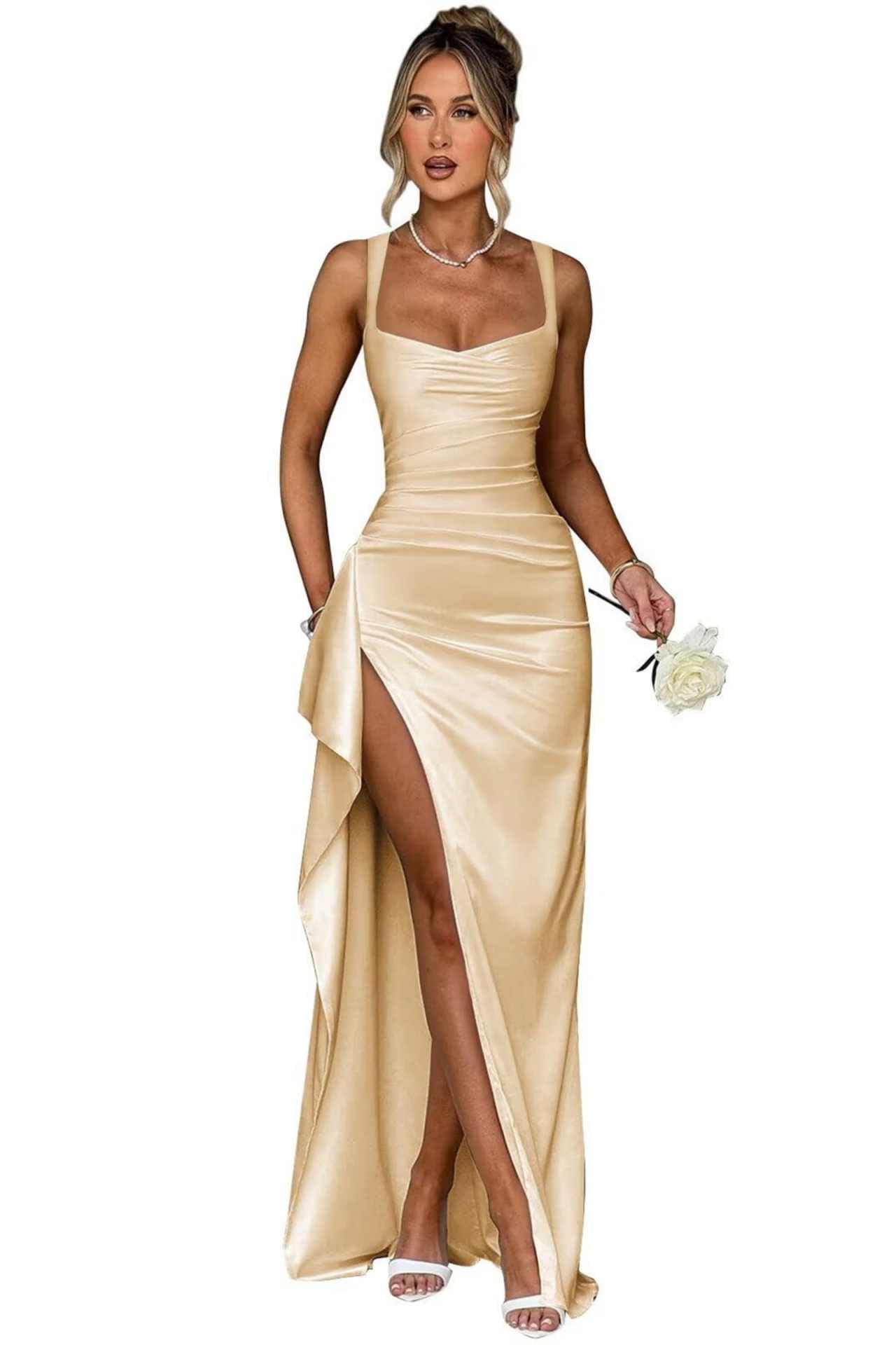 Square Neck Satin Prom Dresses with Ruffles Side Slit Mermaid Spaghetti Straps Formal Evening Party Gown