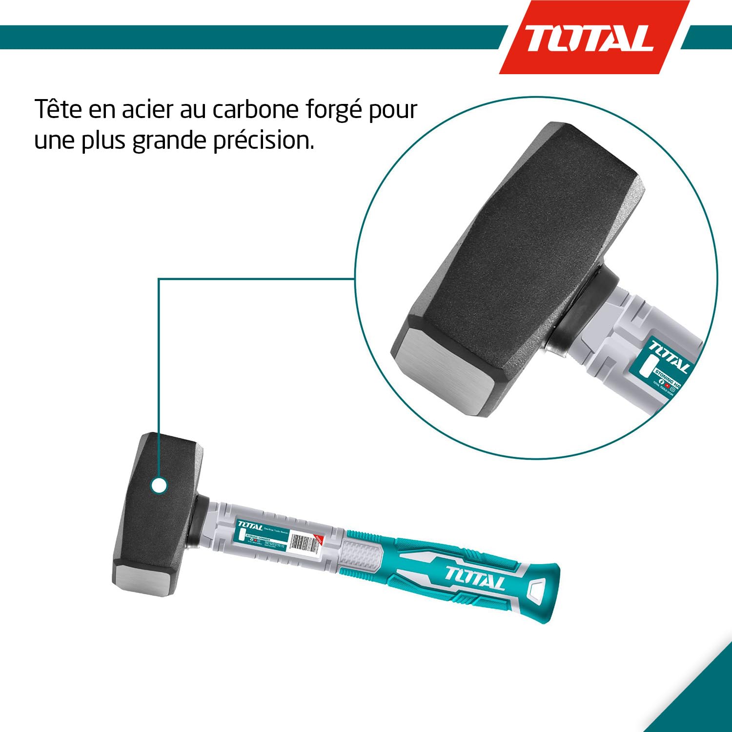 TOTAL - Masse en acier - 2000g - Idéal pour la construction et la maçonnerie - Résistance élevée aux chocs - Poignée ergonomique en fibre - Tête en acier au carbone forgé