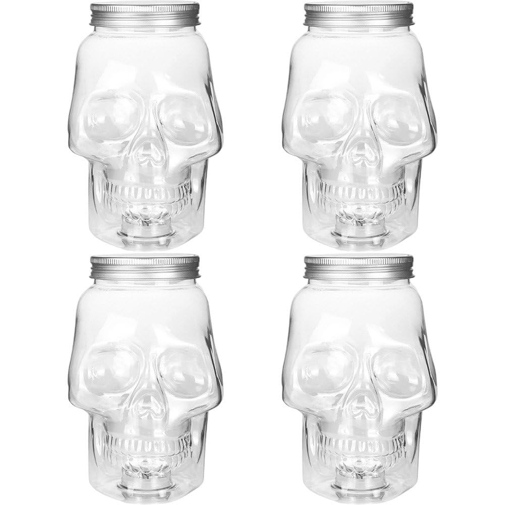 Uzztfa 4 Pcs Spooky Skull Clear Drink Bottle Empty Drinking Bottles with Lids Milk Beverage Bottles Candy Cookies Jar for Halloween Party Supplies
