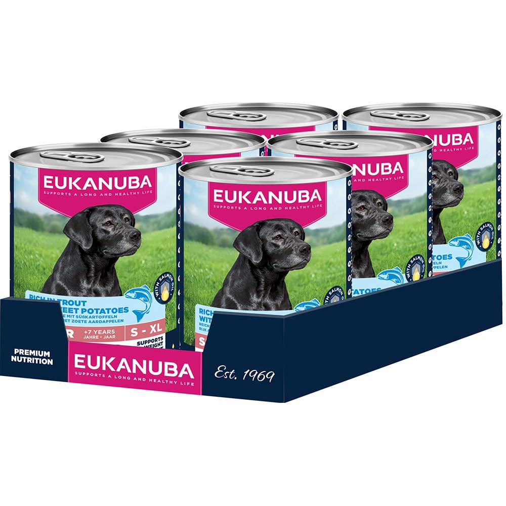 EUKANUBA Alimento Húmedo para Perros Senior con Trucha y Batatas, 6 x 400g | Alimento húmedo premium | Comida húmeda sin Cereales | Alimento para perros de edad avanzada