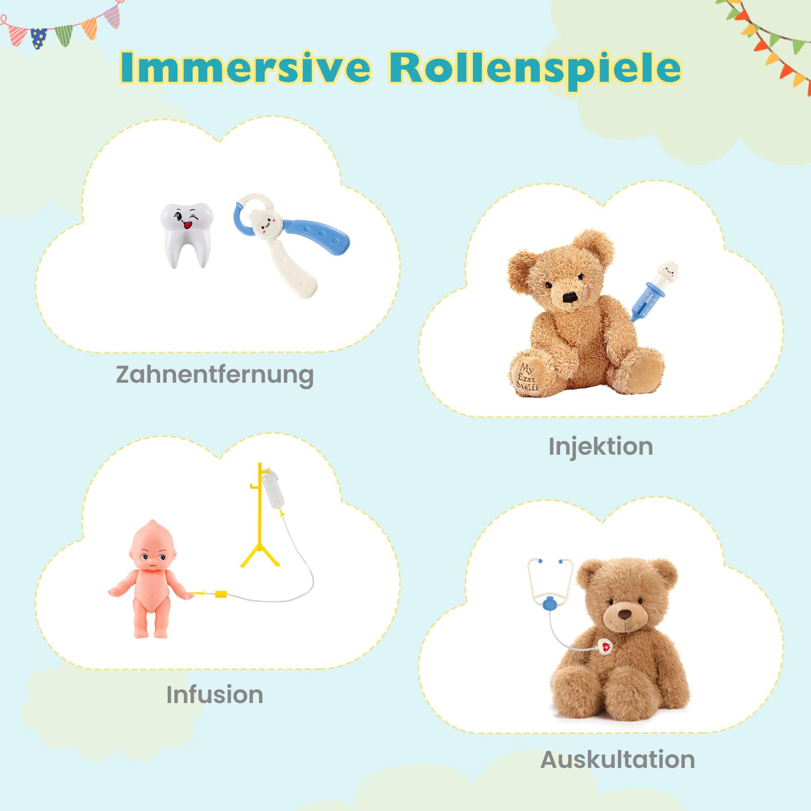 COSTWAY Arzt Kinder Spielset, Doktor Rollenspiel mit Untersuchungsraum & Arztkoffer inkl. 27 TLG. Zubehör, Arzt Set mit Wasserhahn, Waschbecken & EKG-Monitor, Holz Arztpraxis für Kinder ab 3 Jahren