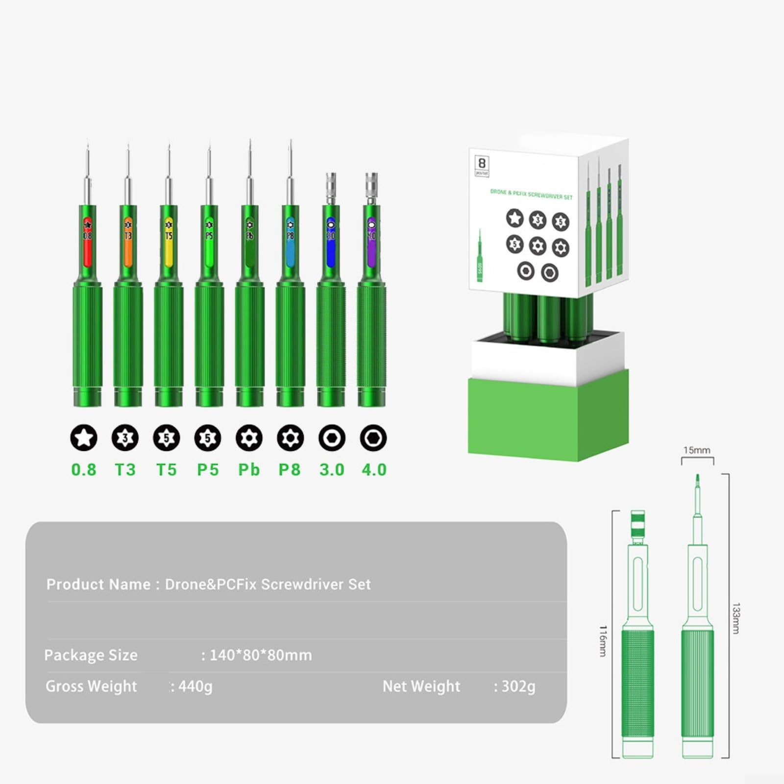 SD95 - Set di cacciaviti da 8 pezzi con impugnatura a cuscinetto, punte di precisione per Torx T5/T6, P5/P8, triangolo 3.0/4.0, strumento di riparazione per cellulare, laptop, con scatola di