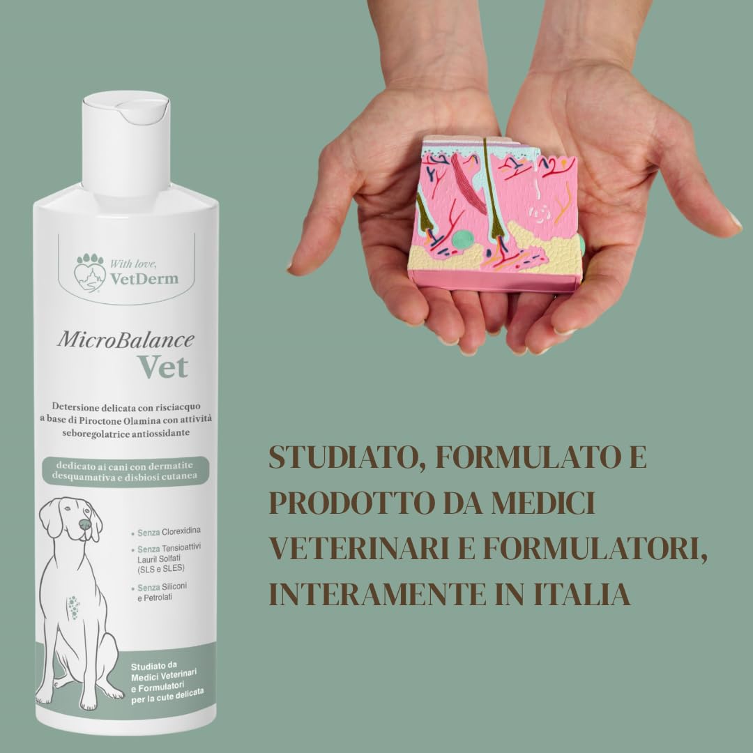 MicroBalance Vet - Shampoo per Cani con Dermatite Desquamativa - Per Cute con Sovrainfezione, Prurito e Cattivo Odore - Senza Alcol, Clorexidina, SLS/SLES e Siliconi - Per Tutte le Razze - 250ml