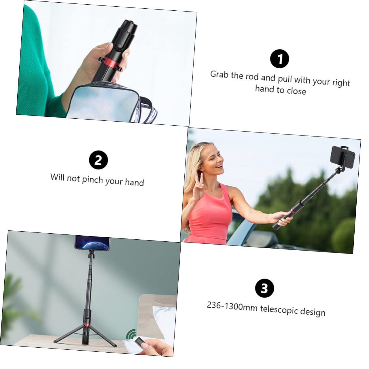 Treppiede Selfie Stick per Telefono 2 in 1 Nero in Lega di Alluminio