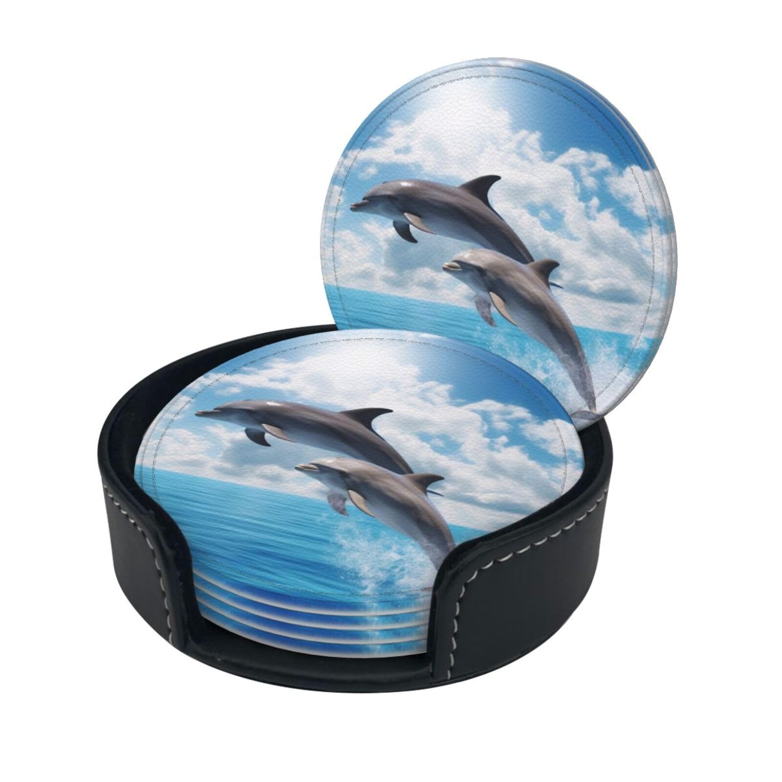 Smazdfxx Women's As Pic Stylish Coasters - Two Dolphins Set Of 6 Round Leather Drink Coasters With Holder - Perfect Size For Cups And Glasses