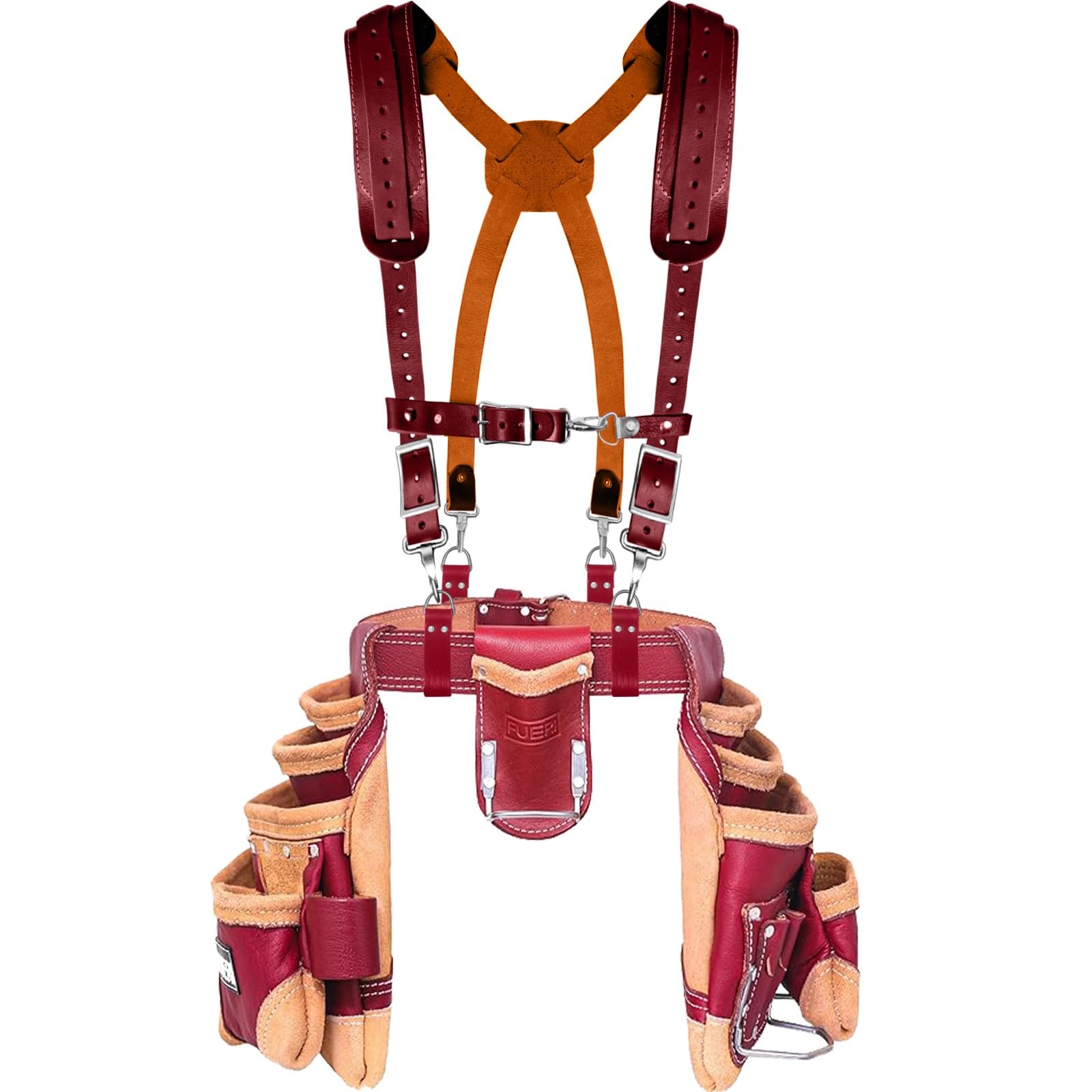 FUERI Leather Tool Belt for Men with Suspender, 16 Pocket Pro Framing Combo Comes with Tools Pouches, Triple Hammer Holder, Adjustable Padded Belt,