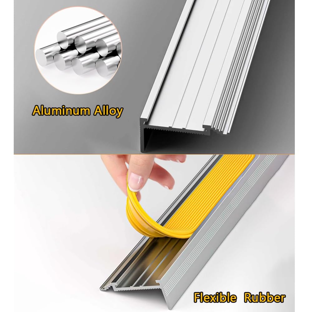 100 cm Antideslizante Perfil de Borde de Escalera, Protector de Nariz de Escalera de Aluminio con Tiras de Goma para Interior Exterior(Gray,6x2.6cm)