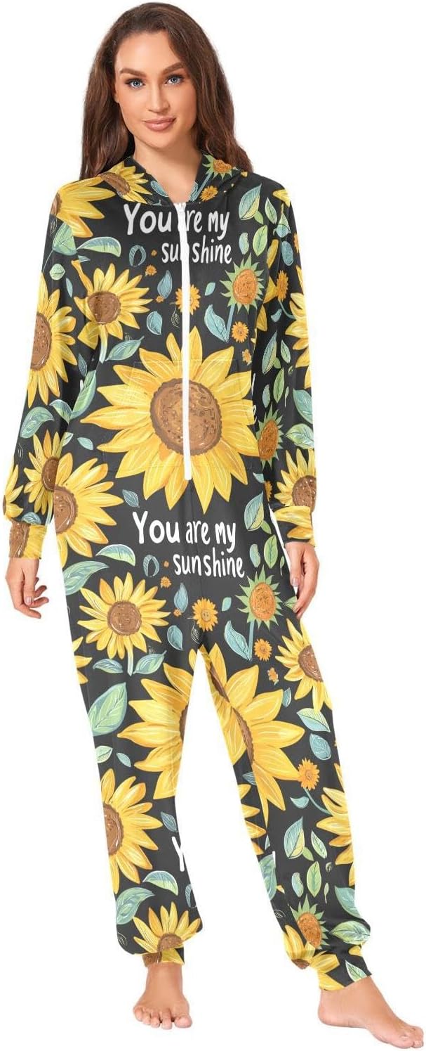 ZZKKO Watercolor Sunflower and Sunshine Lettering Adult Onesie Pajamas for Women Men One Piece Pajamas Costume Zip-Up Hooded