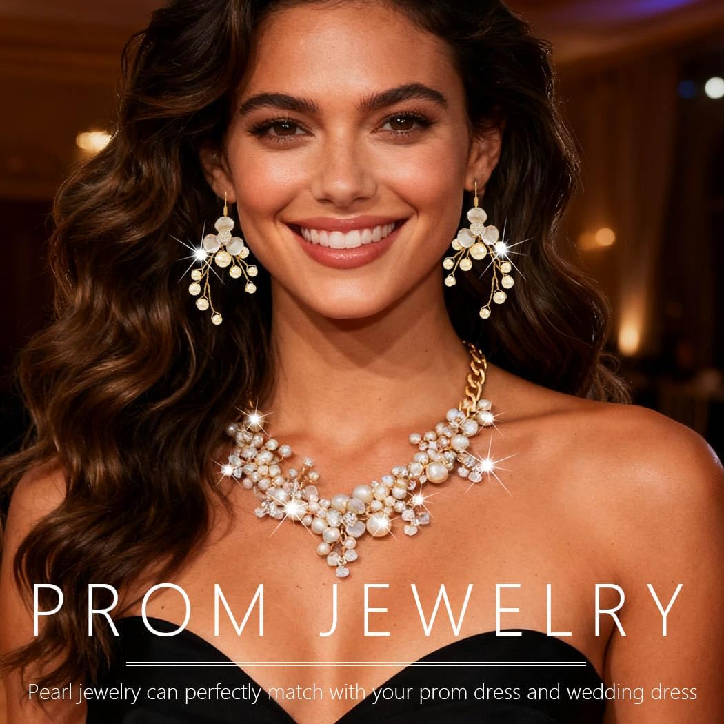 Sixexey Wedding Pearl Jewelry Sets Gold Pearl Necklace Earrings Bridal Rhinestone Prom Jewelry Accessories for Women - Image 3