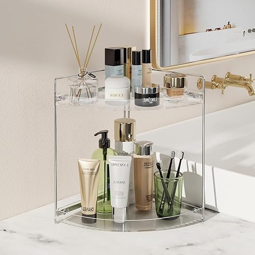 Miniatura 4 de Organizador de maquillaje de esquina de 2 niveles para tocador, organizador de encimera de baño acrílico, organizador de bandeja de perfume