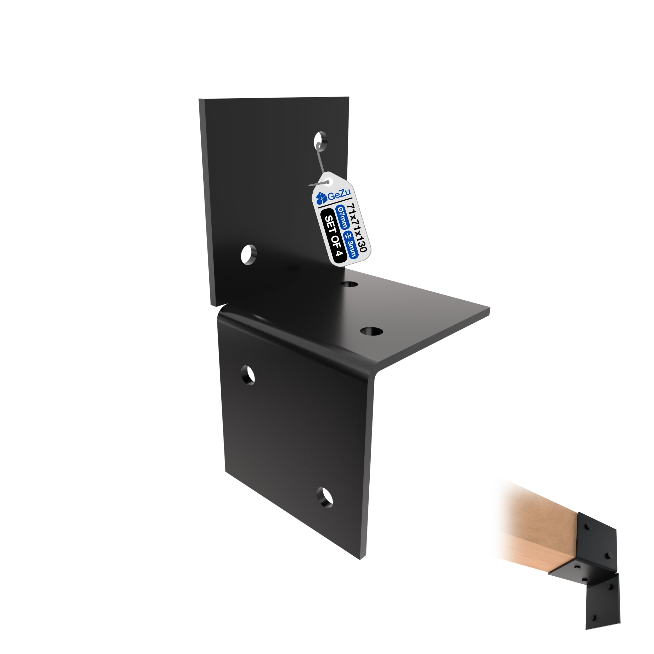 GeZu Impex Pergola Wall Bracket 71x71mm Black Powder Coating Set of 4 Pergola Wall Mount Bracket Wooden Beam Post Connector Wall Flat Bracket