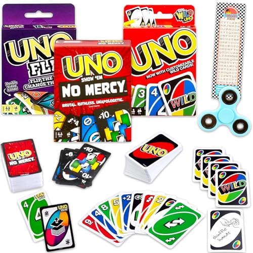 Mattel UNO Expansion Decks Set - 3 Pc Bundle with All Wild Flip and No Mercy UNO Decks for Kids Plus Bookmark More | Card Games for Kids Family Game Night