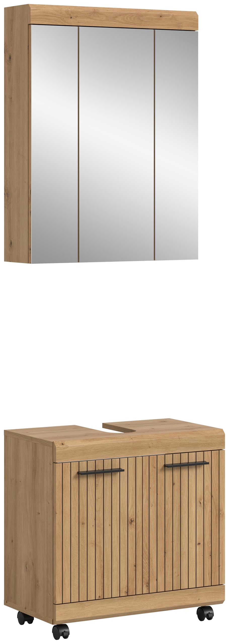 xonox.home – 2-częściowy zestaw łazienkowy Scout 60 x 191 x 34 cm w kolorze Artisan & Black – mobilny zestaw składający się z szafki pod umywalkę i szafki z lustrem na kółkach – elastyczna organizacja