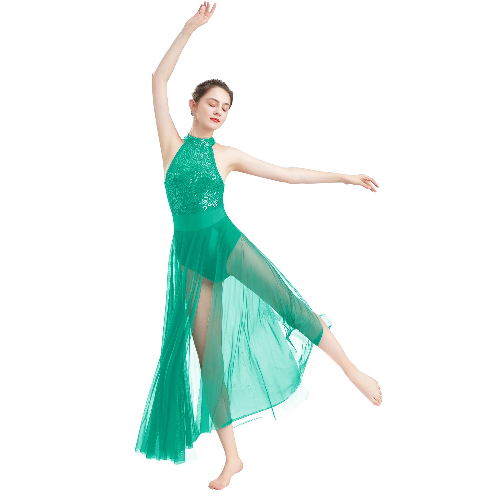 AFAVOMSequin Lyrical Dance Dress for Women Contemporary Dance Costumes Halter Backless Leotard Flowy Mesh Skirt Dancewear