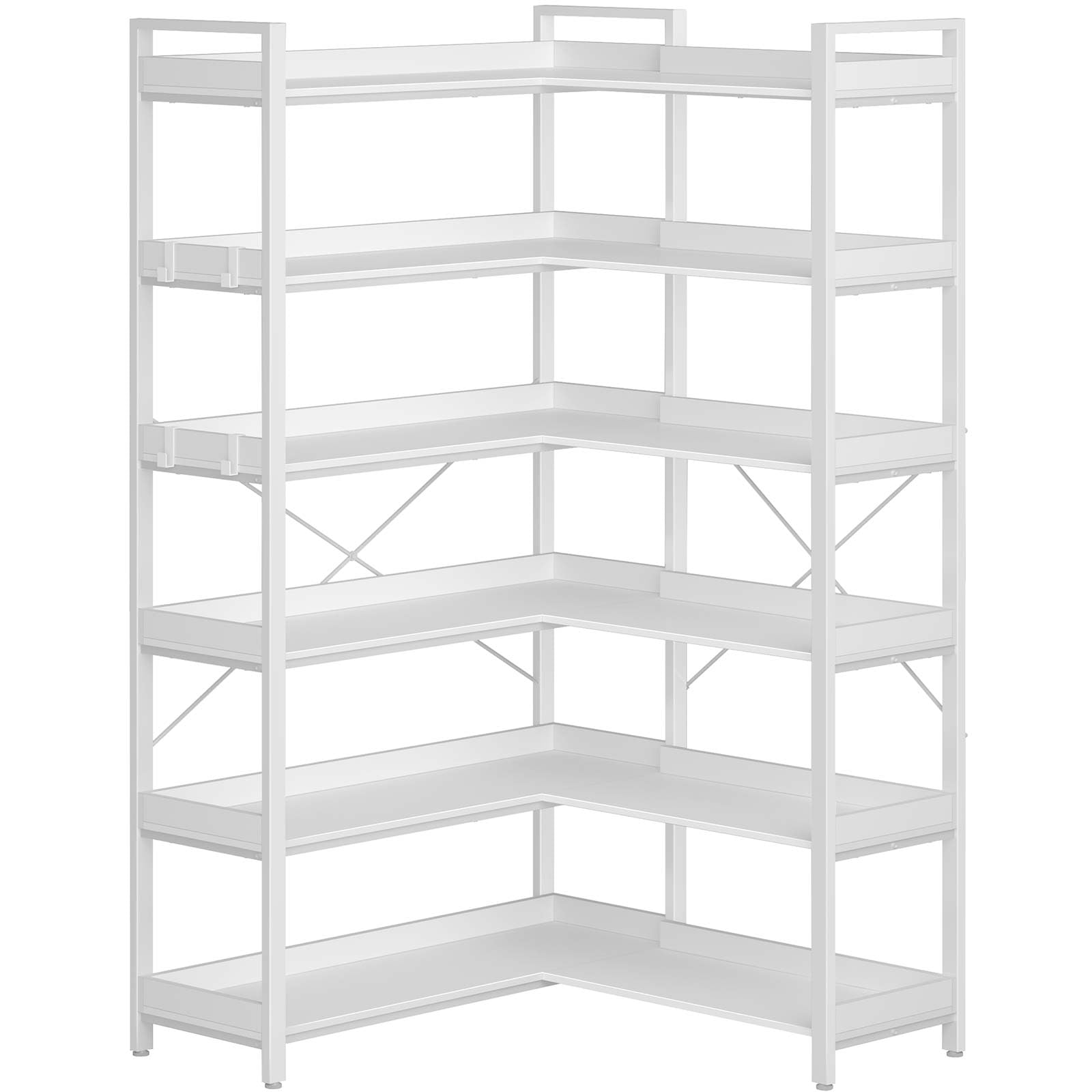 Photo 1 of Rolanstar Bookshelf 6 Tier with 4 Hooks, Reversible Corner Bookshelf, 69" Industrial Wooden Bookcase with Open Shelves and Metal Frame for Living Room, Bedroom, Home Office, White