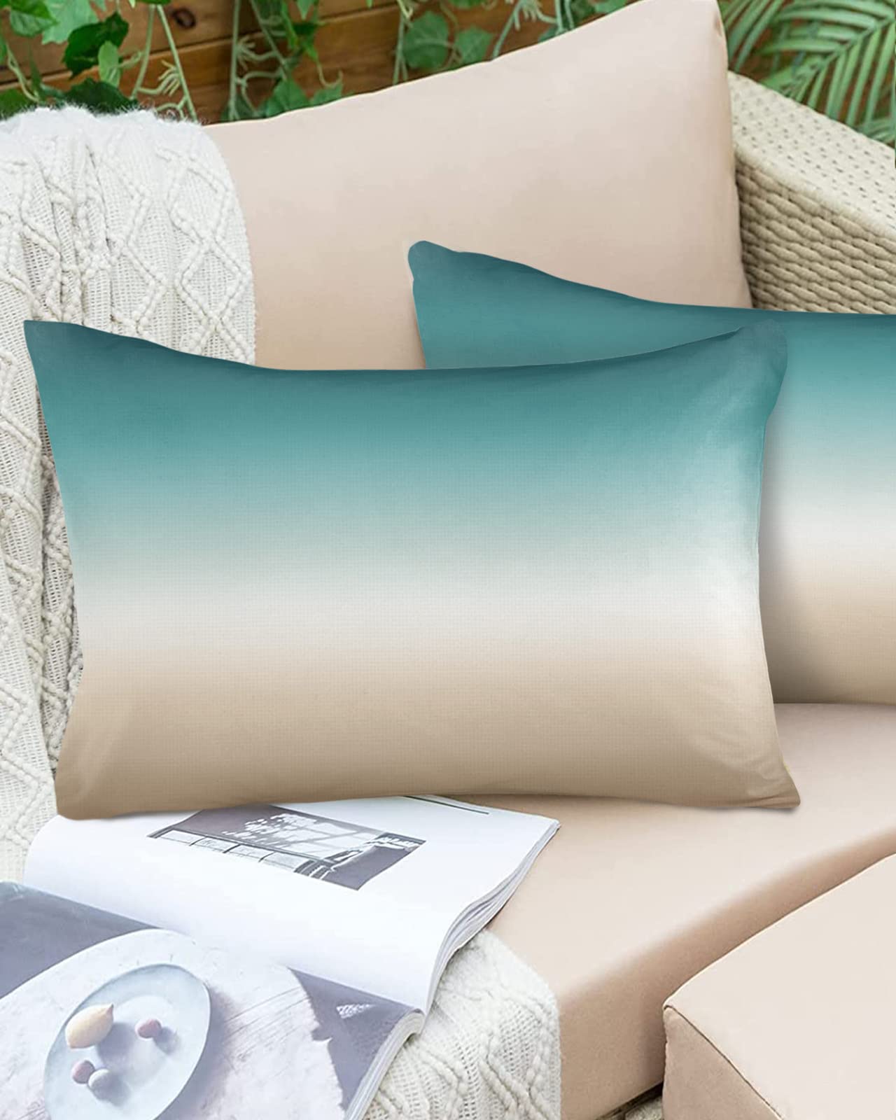 Outdoor Pillow Covers Waterproof Teal Beige Ombre Cream All Weather Cushion Case Set of 2, Modern Turquoise Abstract Art Aesthetics Lumbar Pillowcase for Sofa Couch Bed Decor Patio Furniture 20