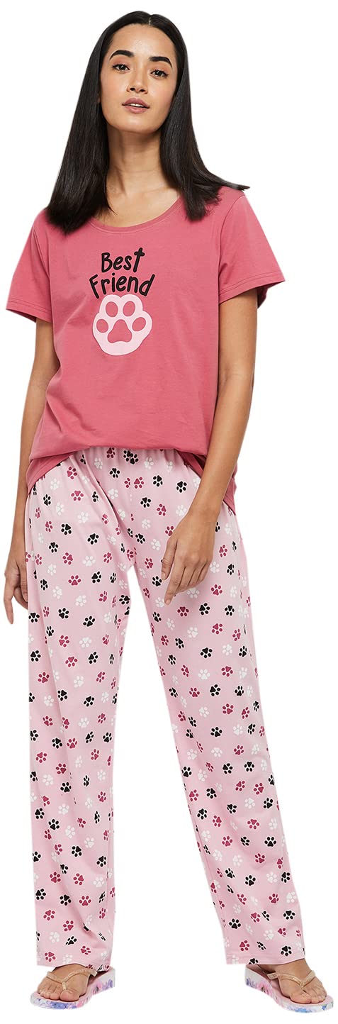 Women Cotton Printed Round Neck T-Shirt with Elasticated Pajamas