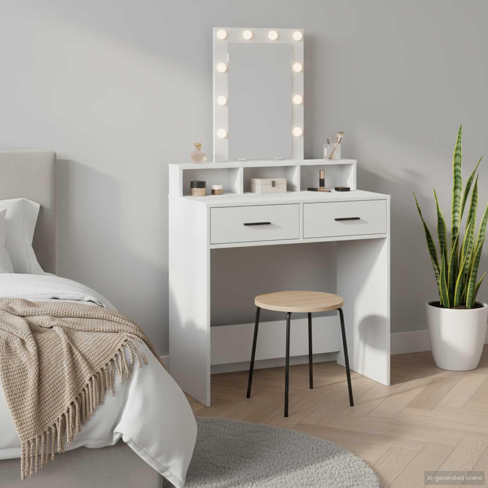 Tocador con cajones, material de madera, color blanco, 79 x 41 x 140 cm, con iluminación LED, conexión USB y espacio de almacenamiento para dormitorio, vestidor y habitación de niñas
