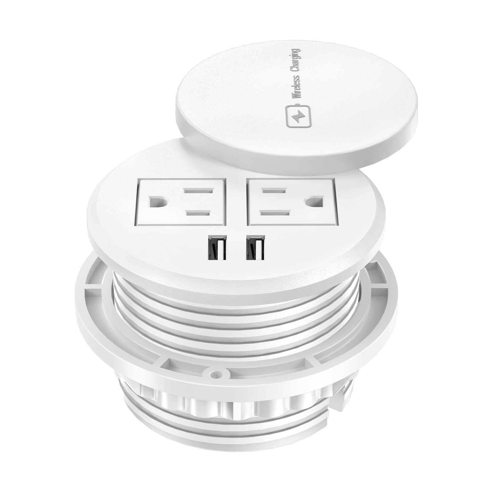 3 Inch Desk Hole Recessed Power Grommet with 15W Wireless Charger Cover, 2 USB-A Countertop Grommet Mount Power Outlet, with AC Outlets and 6ft