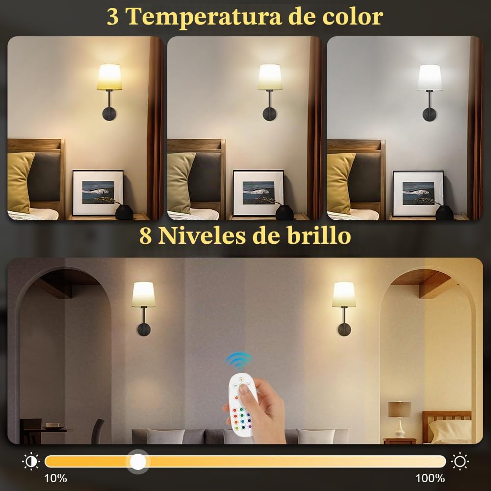 HOTUT Juego de 2 Apliques de Pared Que Funcionan con Pilas, Luces de Pared Negro con Pantalla de Tela Blanca, Lámpara de noche Sin Cable con Control Remoto y Bombillas Carga Desmontables, Regulable