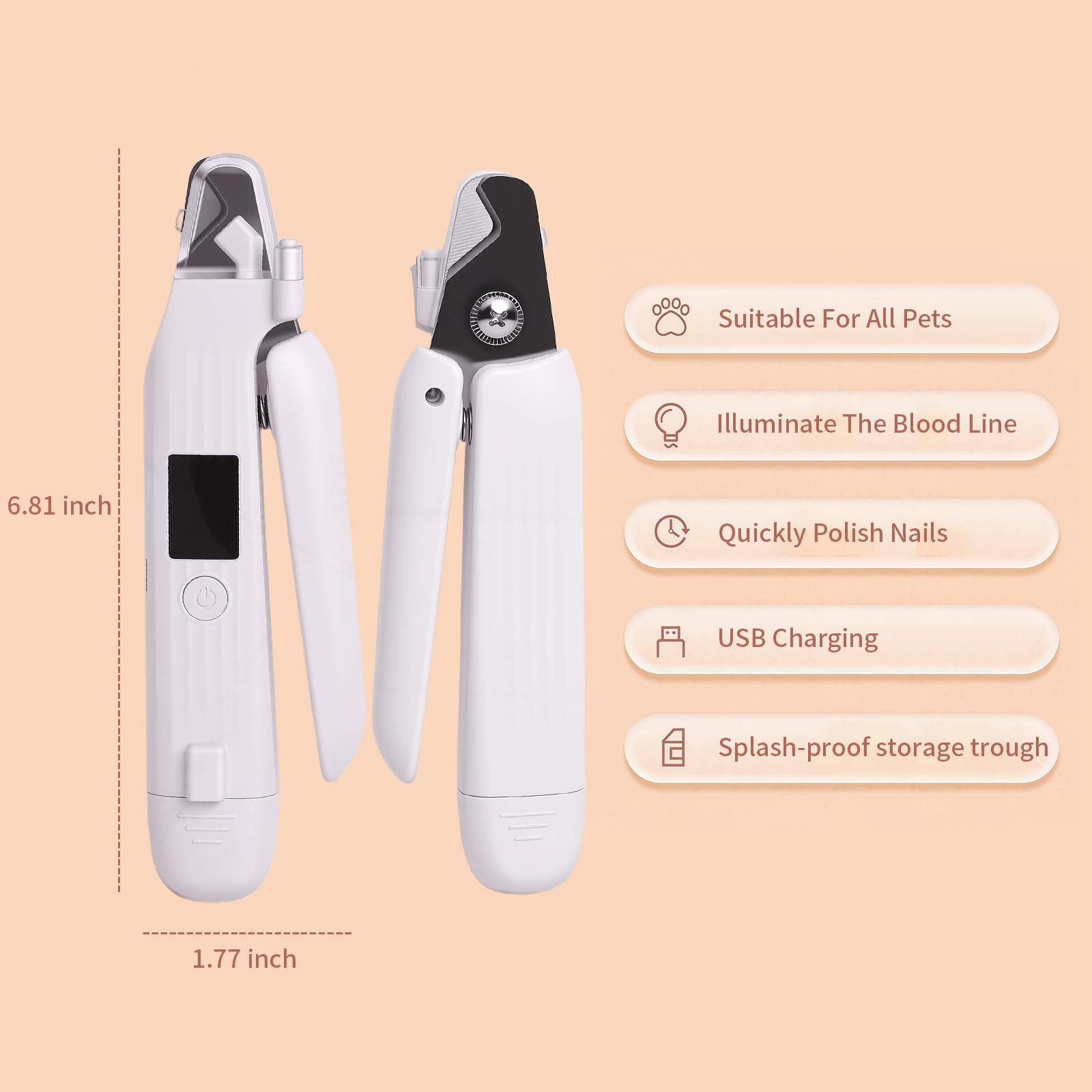 Cortadora de uñas 2 en 1 para perros y amoladora de uñas para perros con 2 luces LED, funcionamiento de bajo ruido, recargable por USB, dispositivo de protección contra salpicaduras, múltiples métodos