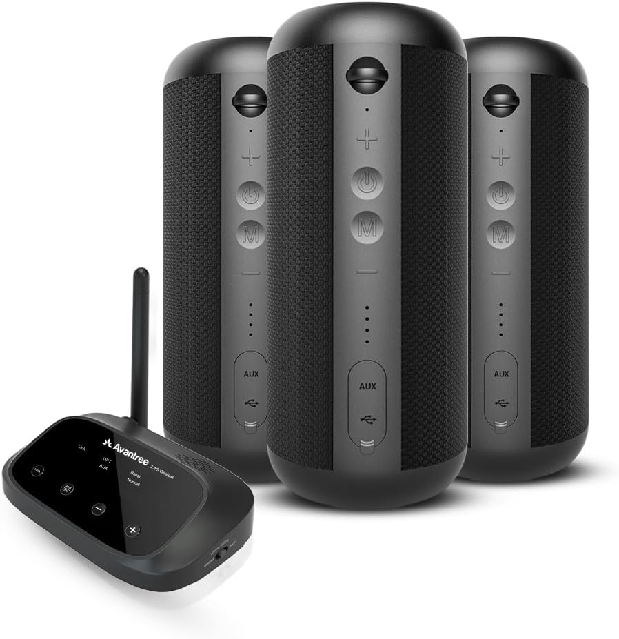Avantree Harmony - Wireless Speaker System for Multiple Rooms & Outdoor Party, 1 Transmitter & 3 Portable Bluetooth Speakers with Separate Volume Controls, Scalable to 100 Multi Speakers