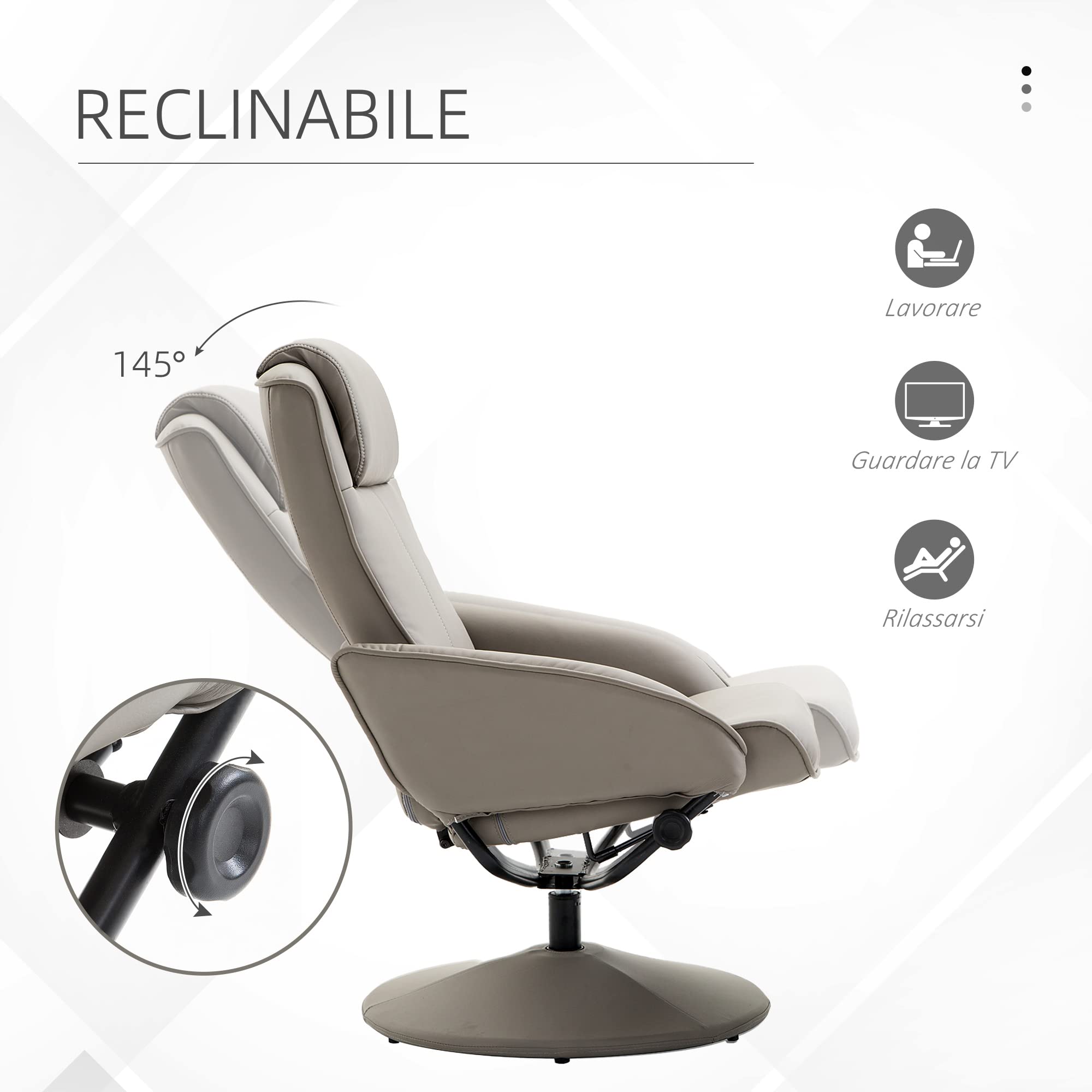 HOMCOM Poltrona Relax Reclinabile con Pouf Poggiapiedi Abbinato e Rivestimento in Finta pelle, 71x78x101cm, Grigia