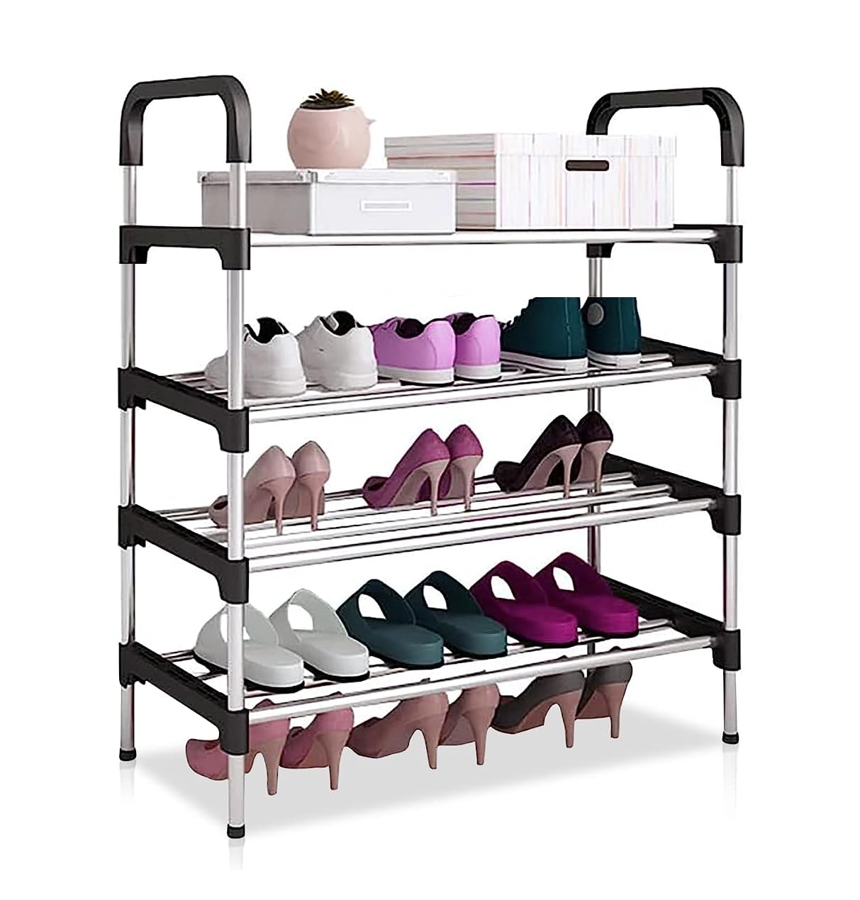 Lukzer 4-Layer Metal Plastic Shoe Rack Organizer | Freestanding, Durable and Sturdy, Space-Saving Storage Solution for Entryway, Closet, and Living Room MSR-004 Black & Silver (88x28x54 cm)