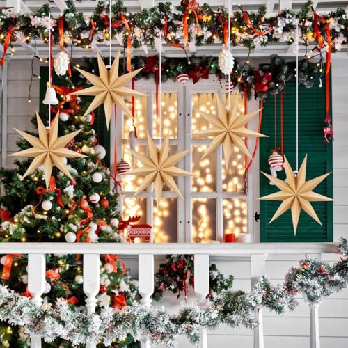 Image of 12 Inches 5 PCS Natural Paper Star Lanterns Christmas Hanging Lamp Rustic Paper Decorations Shade Wedding Birthday Christmas Home Party Decorations (9 Pointed)