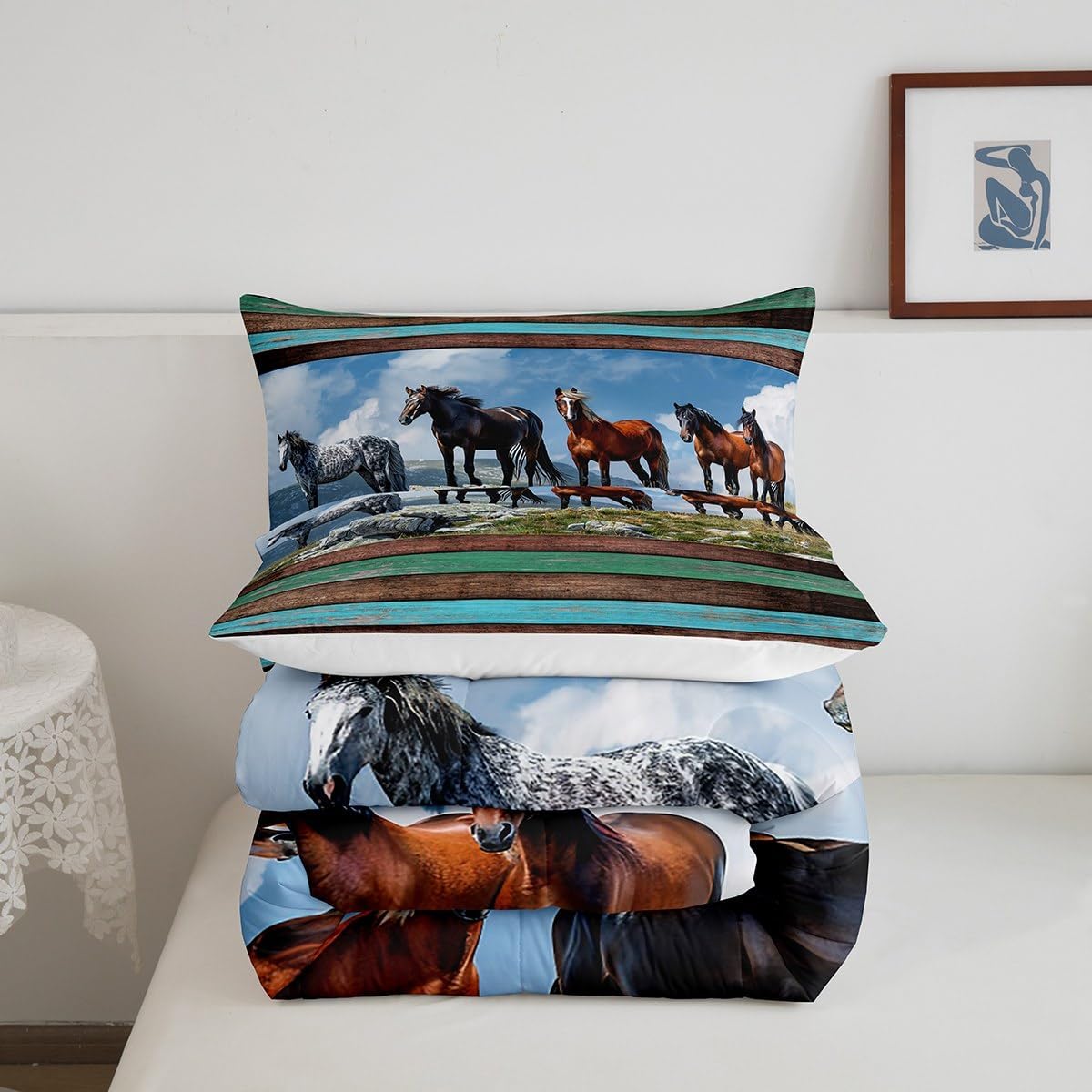 Wild Horse Comforter 3D Abstract Outdoor Animal Nature View Quilted Duvet for Men Women Adults Colorful Wood Stripes Rustic Style Bedding Set with 2 Pillowcases+1 Comforter King Size 3 Pcs