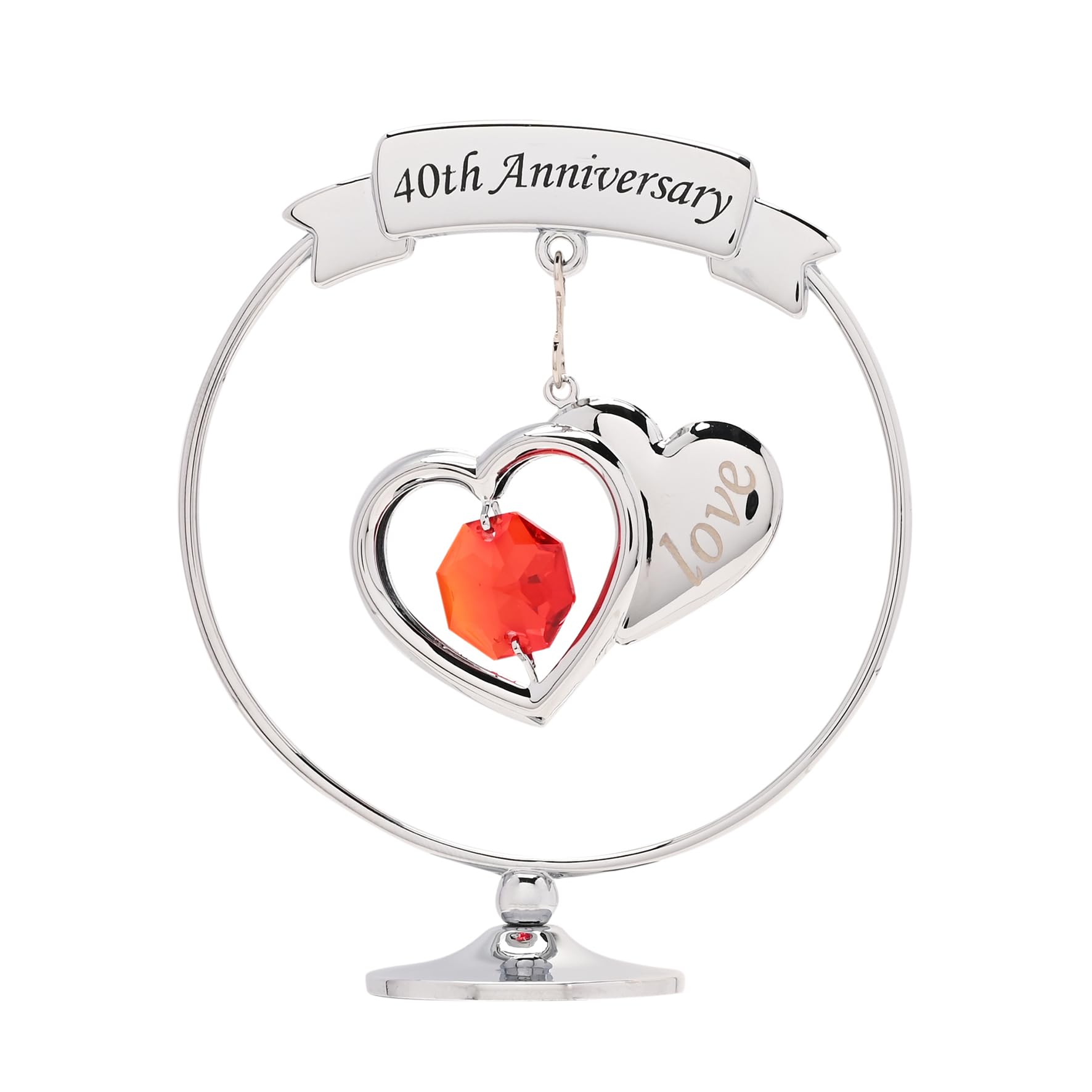 Widdop and Co Crystocraft 40th Anniversary Chrome-Plated Ornament, Intertwined Hearts with Red Crystal, 9cm Display Stand, Wedding