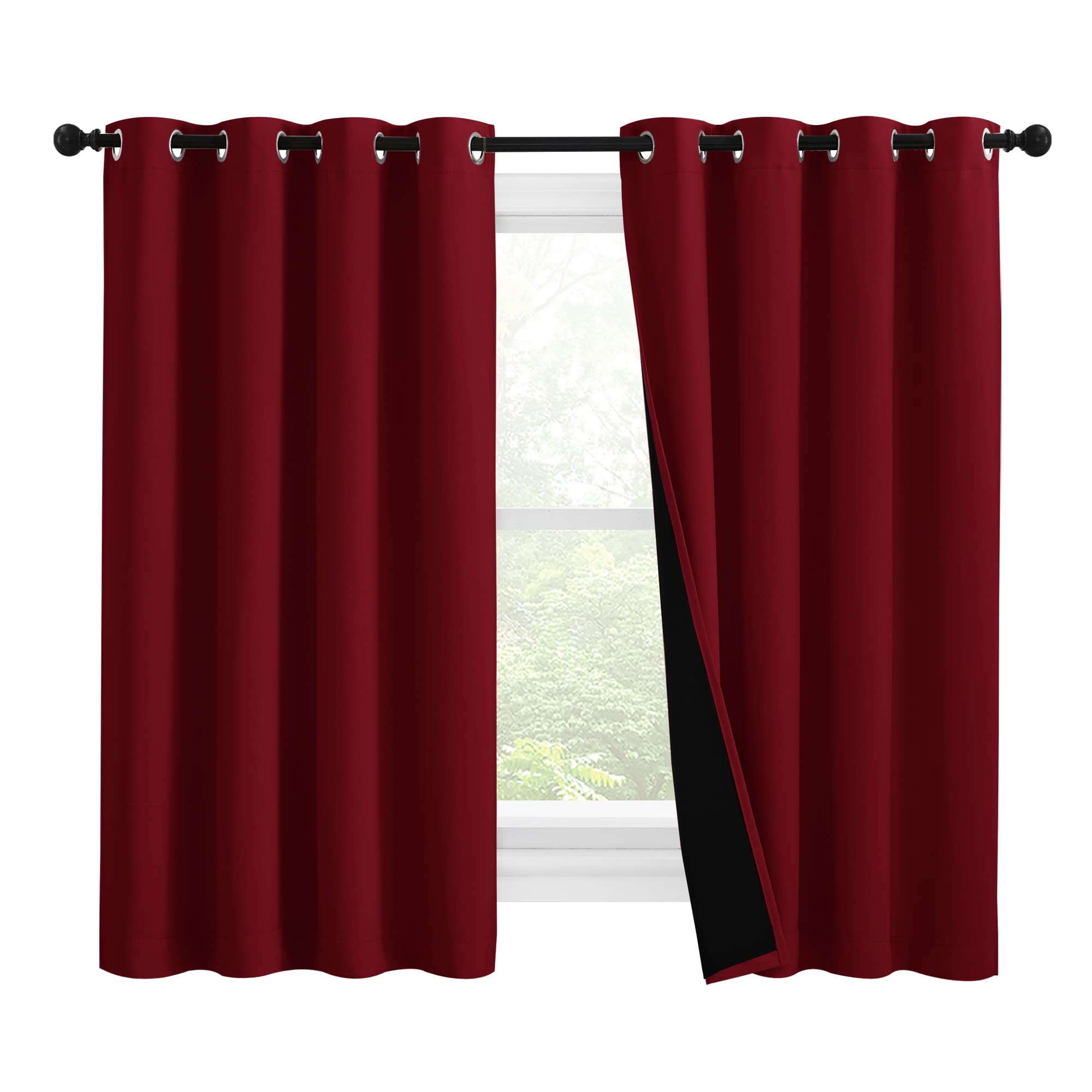 NICETOWN Kitchen Full Blackout Curtain Panels, Super Thick and Soft Insulated Window Covers, 100% Blackout Draperies with Black Backing for Cafe Window (Burgundy Red, Set of 2 PCs, 55 by 57-inch)