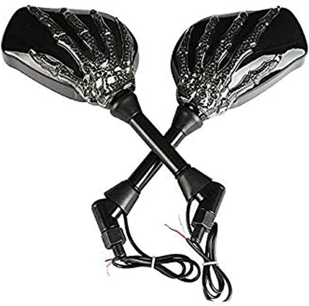 LED Skull Skeleton Hand Claw Side Mirrors Rearview Mirrors With Turn Signals For Motorcycle with 8mm 10mm Thread Bolts, Left & Right