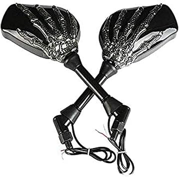 LED Skull Skeleton Hand Claw Side Mirrors Rearview Mirrors With Turn Signals For Motorcycle with 8mm 10mm Thread Bolts, Left & Right