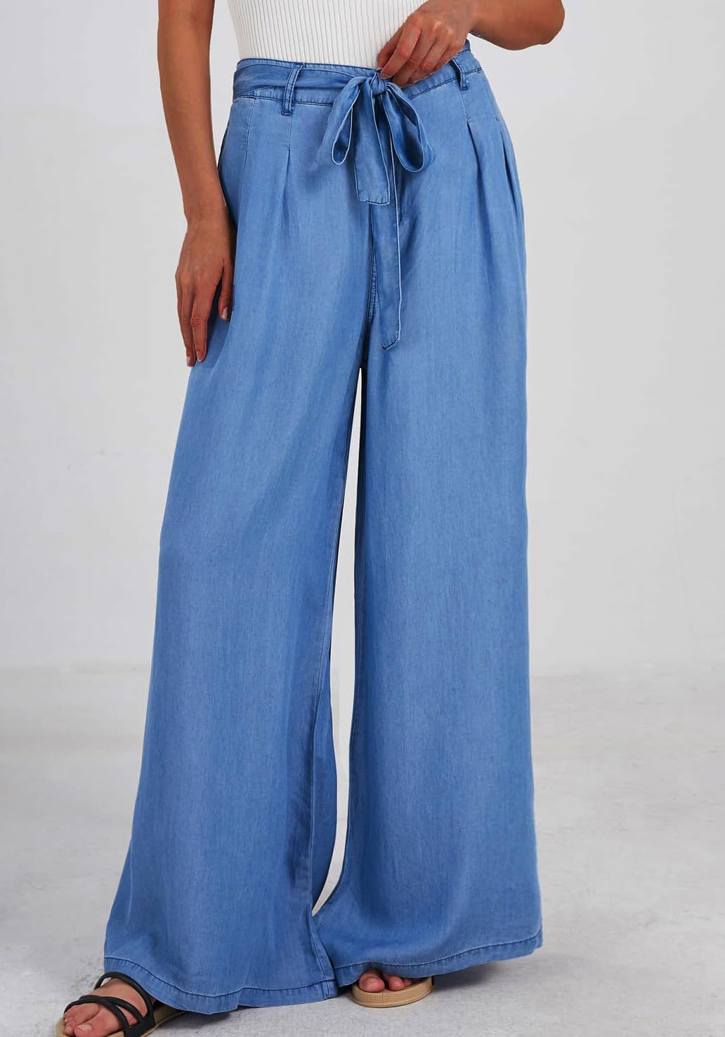 loveimgs Women's Tie Front High Waist Denim Pants Pleated Flowy Wide Leg Jean Pants Trousers with Pockets - Image 3