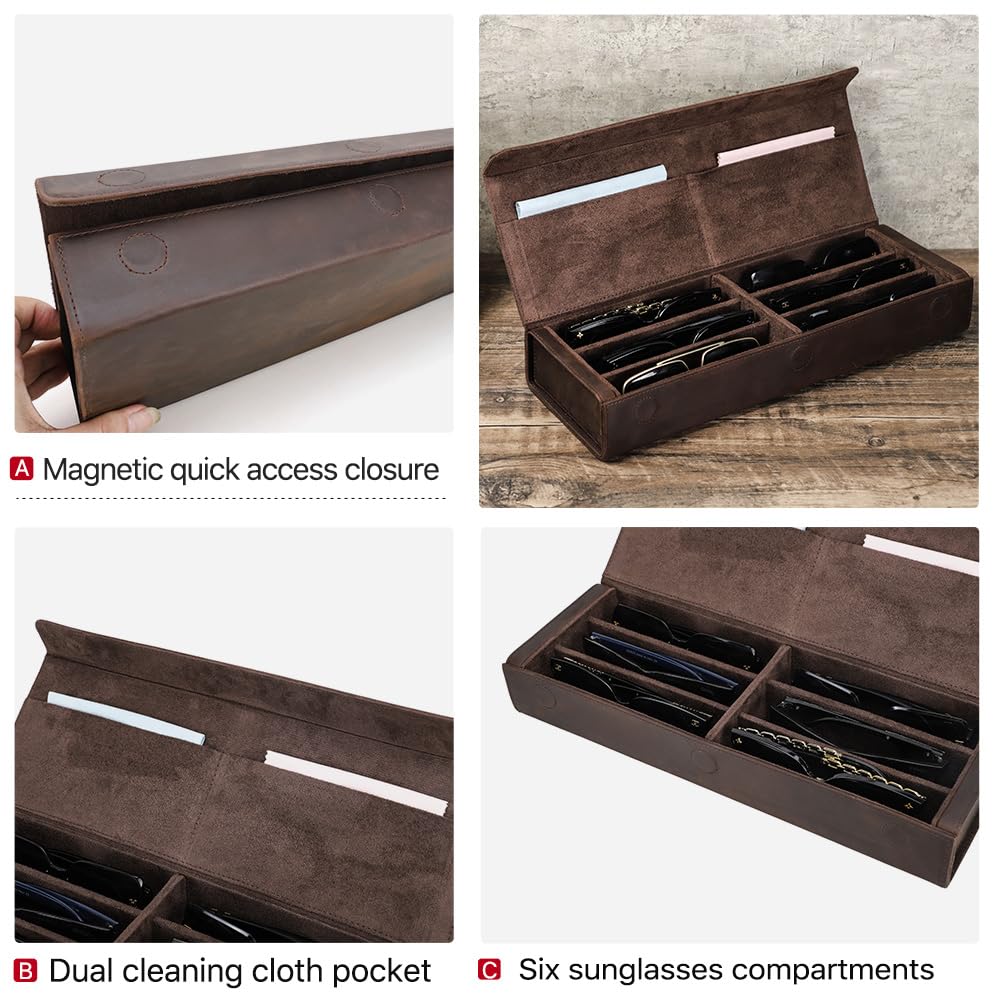 Contacts Caja de almacenamiento de gafas de cuero para hombres y mujeres, soporte para 2/4 lentes de sol, estuche de viaje, organizador de gafas con forro de microfibra y ranura para paño de limpieza