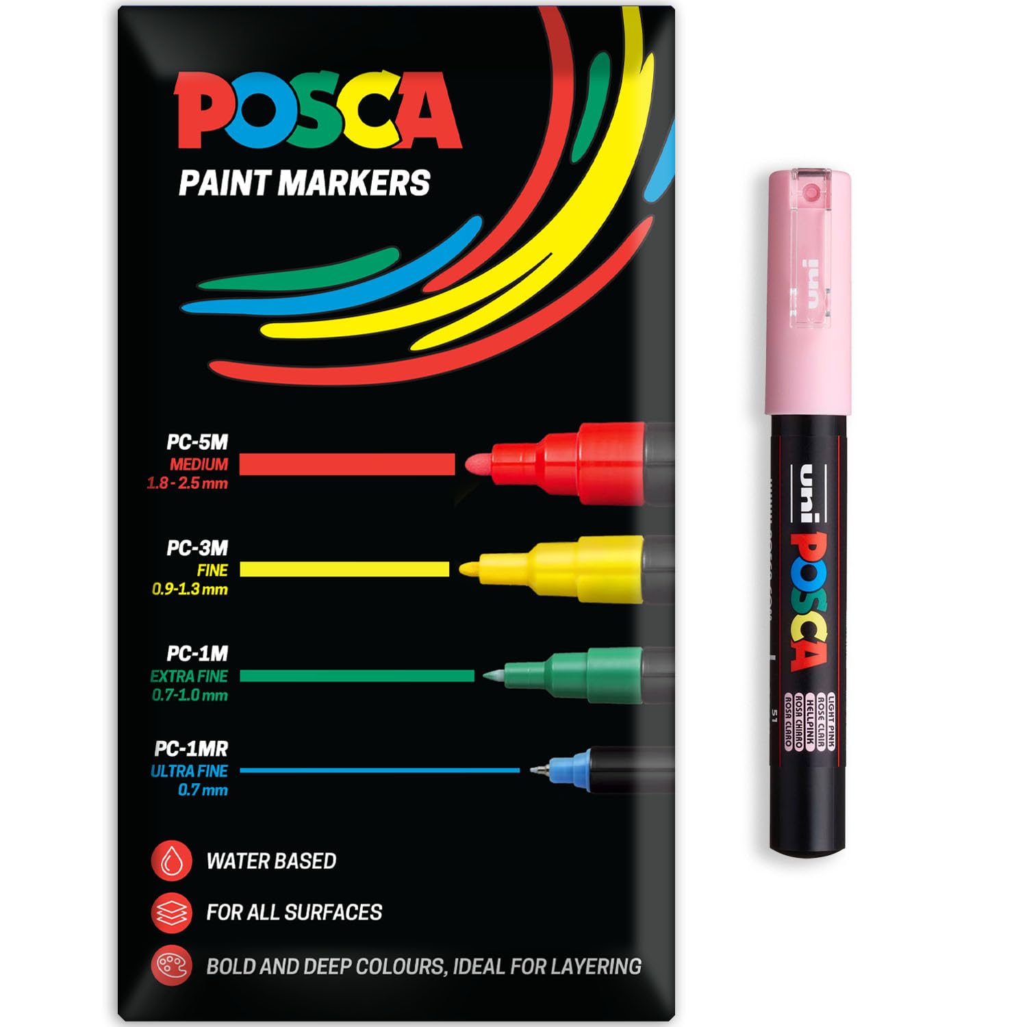 Posca Water Based Acrylic Paint Marker Pens | Multi Surface Use Permanent Paint Pen | Pack of 1 in Envelope Gift Packaging | Glass, Fabric, Canvas, Wood etc | PC-1M, Light Pink