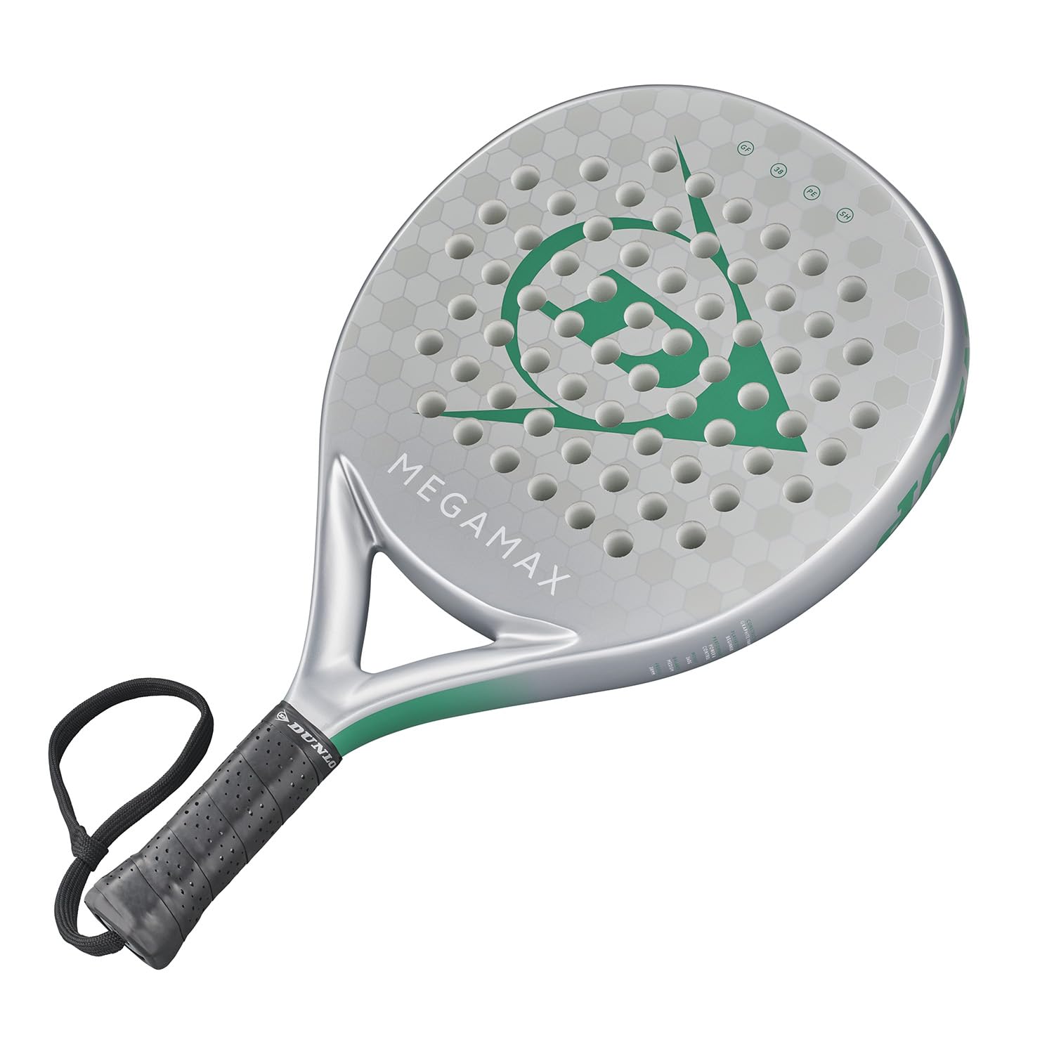 DUNLOP Racchetta da Padel Megamax Argento/Nero/Verde – Forma Rotonda, Telaio in Grafite – Bilanciamento Medio, Nucleo Pro EVA – Per Principianti