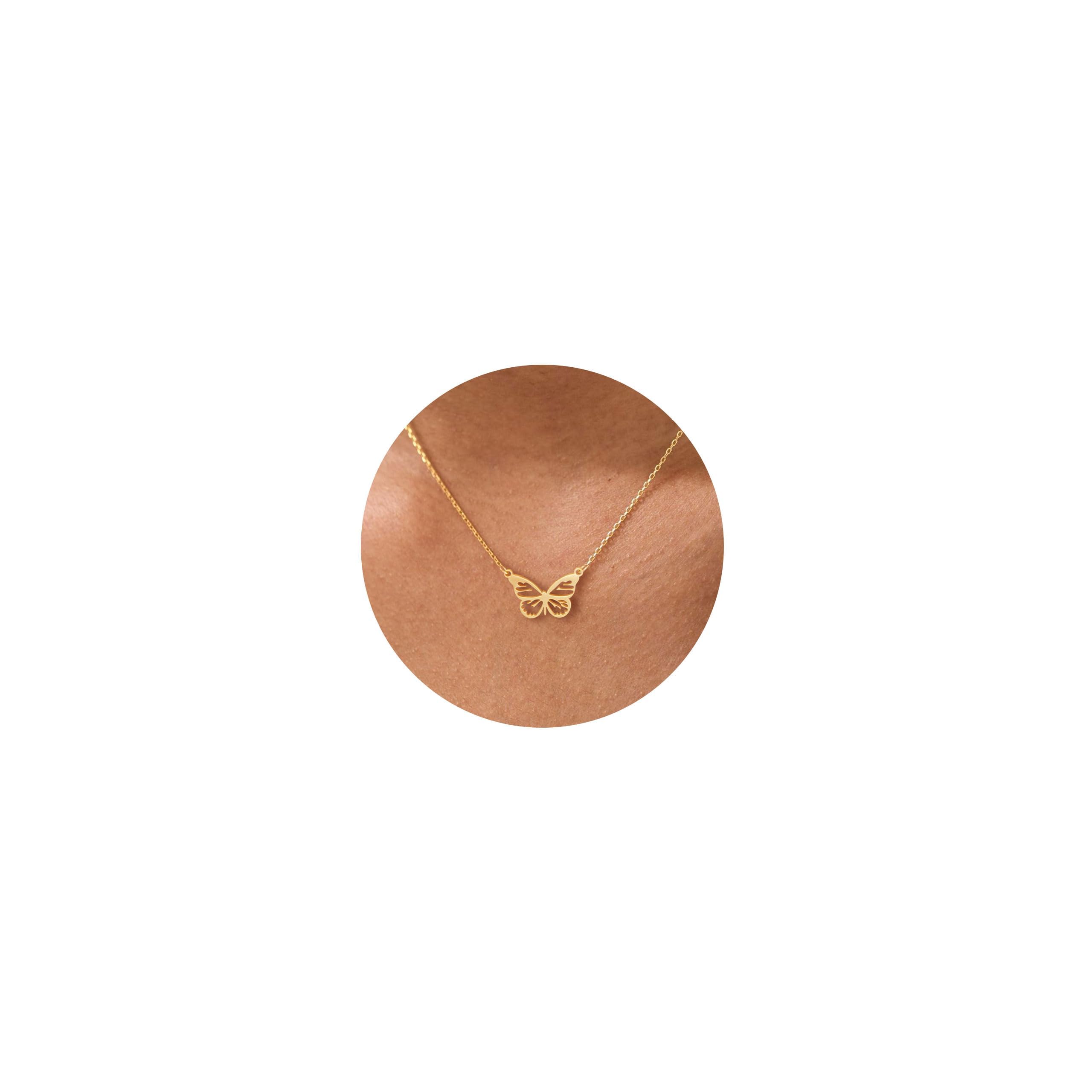 HANLI 14K Gold Vergoldet Halsketten Damen - Zarte Schmetterling Anhänger Kette mit für Frauen Mädchen Wasserfeste Hautverträglich Schmuck