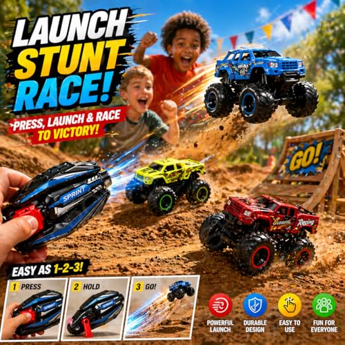 Image of PLUSPOINT Monster Truck Toys for Kids - 8 Pack Big Wheel Off-Road Die-Cast Metal Trucks with 4 Launchers, Free Wheel Cars for Boys Girls Ages 3-7, Birthday Gift Set