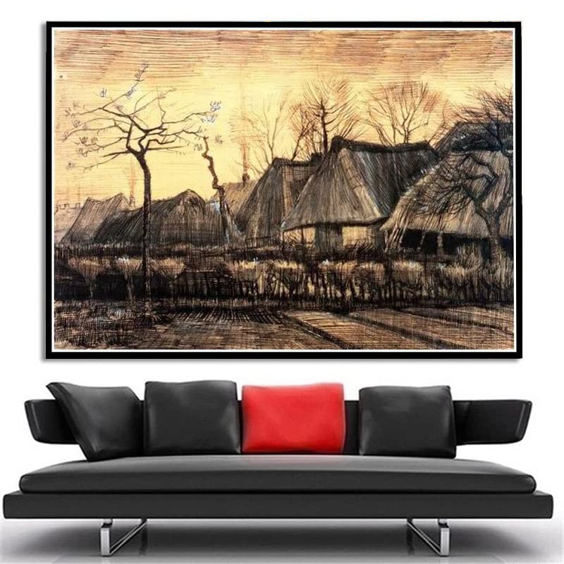 茅葺き屋根の家絵画 油絵