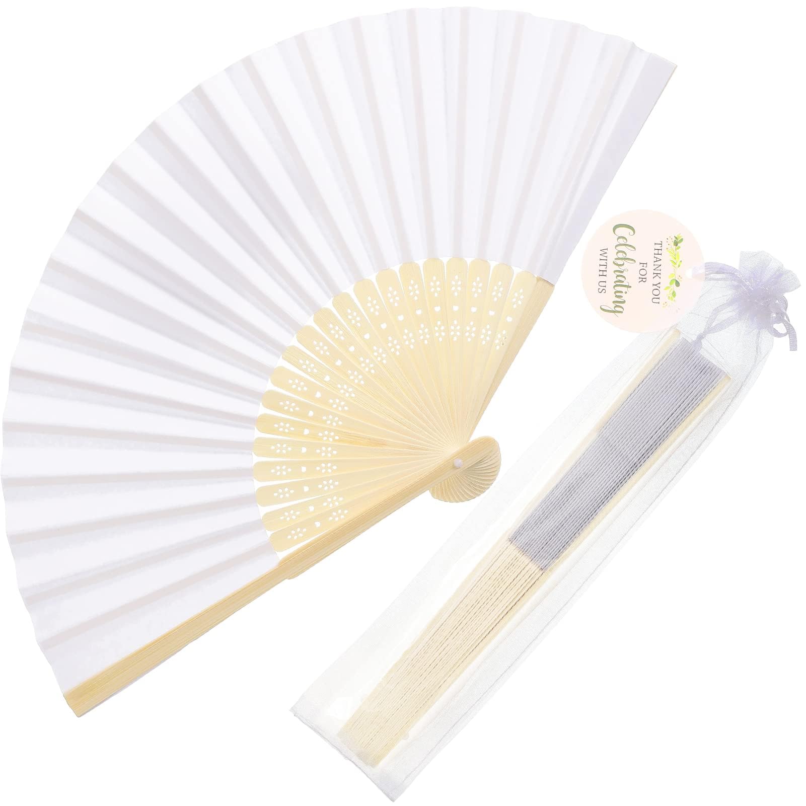 Cosweet 60 Stück weiße Papier-Handfächer – Faltbarer Bambus-Fächer mit 60 Anhängern und Aufbewahrungstasche, Handheld-Akkordeon-Papierfächer für Hochzeit, Feier, Partyzubehör und Heimdekoration | Weiße Papierfächer, Bambus, dekorative Faltfächer, für Hoch