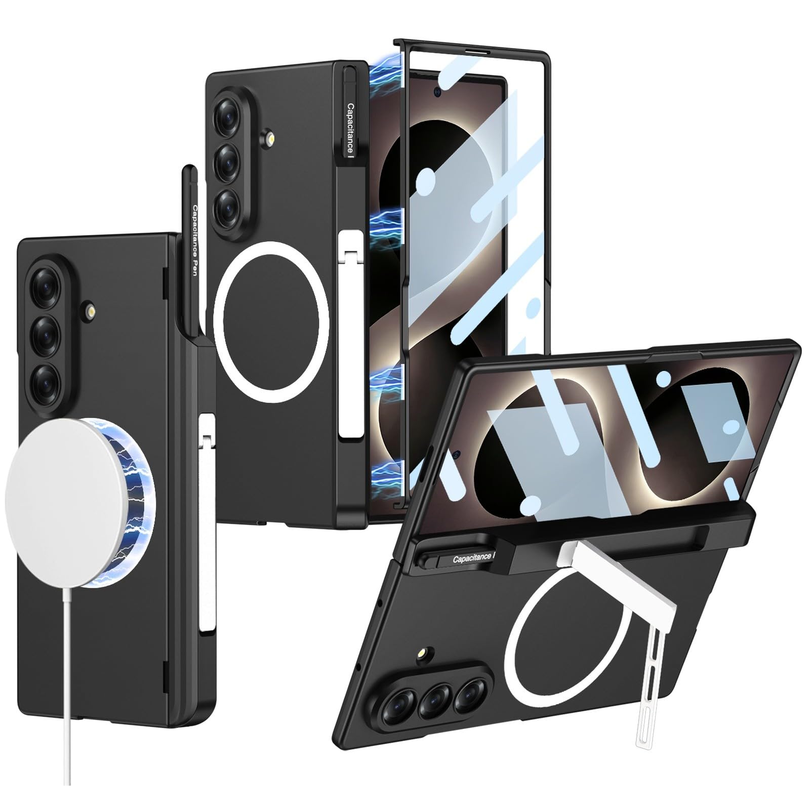 Generic etui kompatybilne z Samsung Galaxy Z Fold 8 Ultra (kolor: czarny) magnetyczny twardy matowy futerał metalowy stojak gniazdo na długopis z folią ekranową