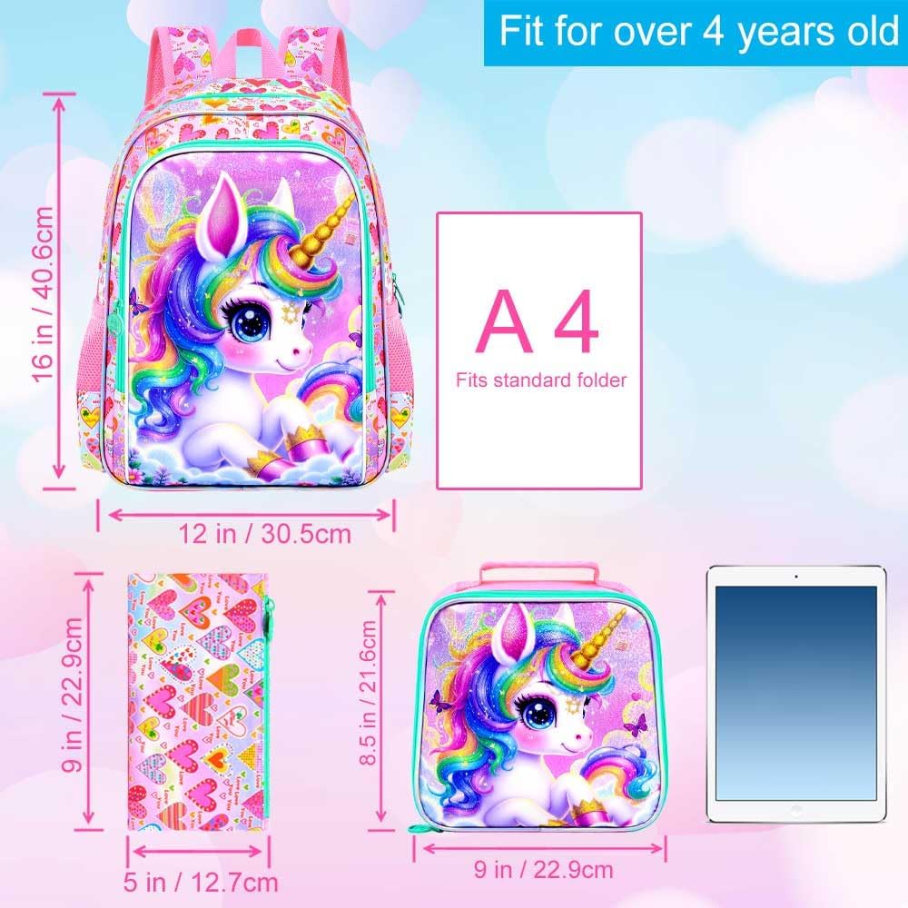 gxtvo 3PCS Unicorn Backpack, 16" Girls Bookbag with Lunch Box, Water Resistant Kids School Bag for Elementary Preschool Toddler - Rainbow Hair Unicorn