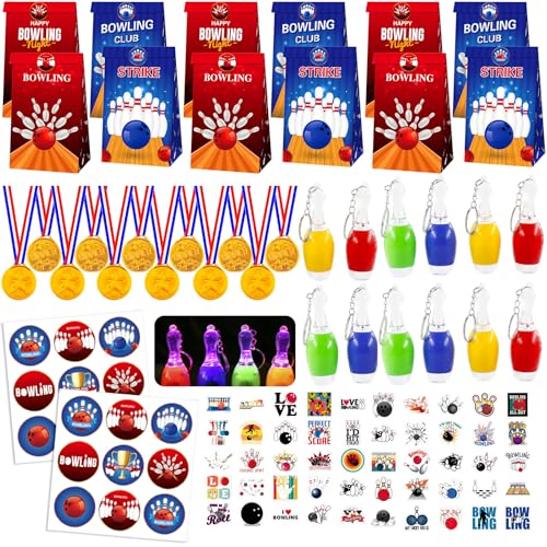 Meanju 104 Stück Bowling Mitgebsel Kindergeburtstag Medaillen Bowling Bowlingkugel Schlüsselanhänger Mitgebsel Tüten Sticker Geschenktüten Kinder Mädchen Jungen Geburtstag Deko Party Give Aways