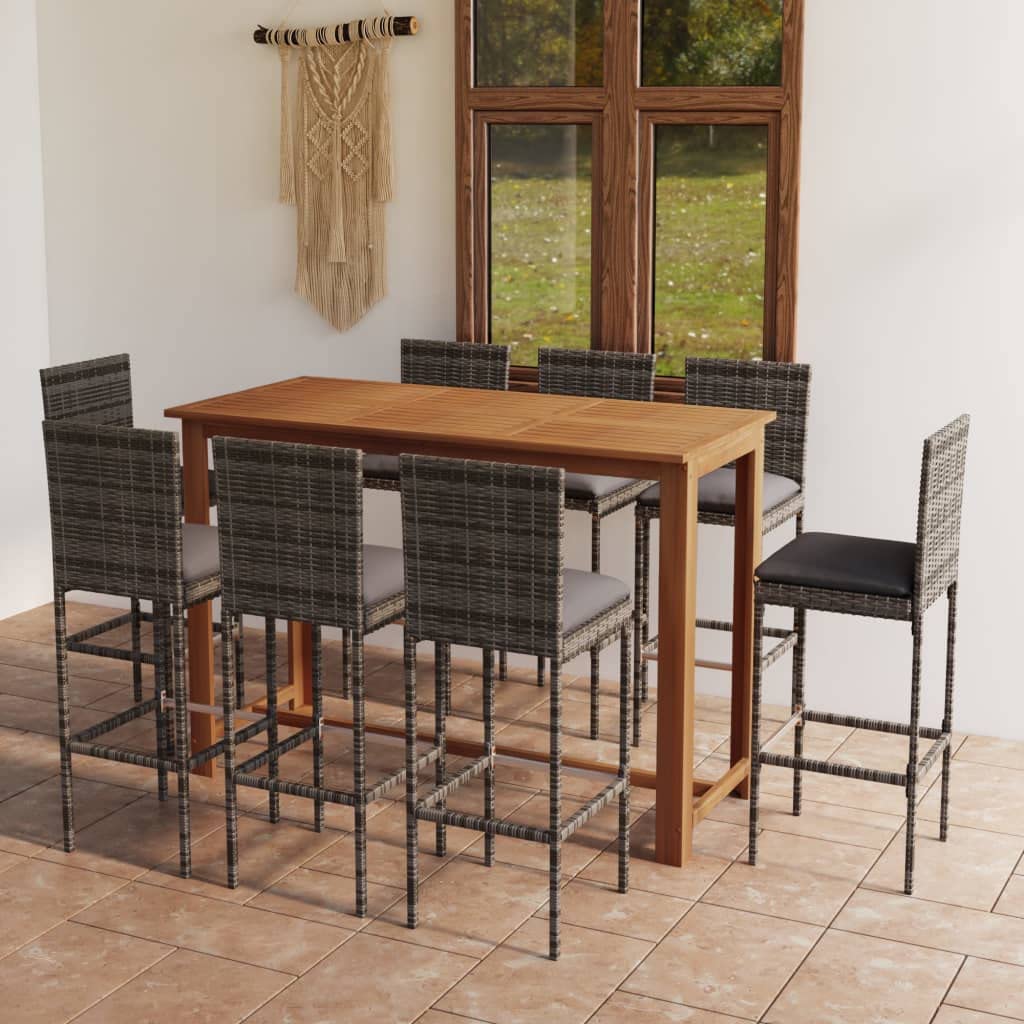 Set de bar de jardin 9 pièces rotin synthétique gris