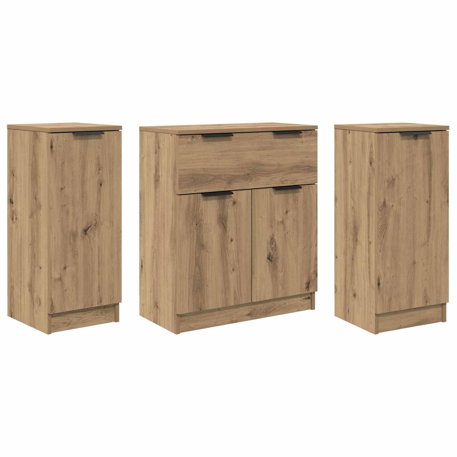 Bufet 3 pcs Dąb rzemieślniczy Materiał drewnopochodny Nowoczesny kredens do salonu i jadalni 120x30x70 cm z 4 drzwiami półkami pojemny mebel do przechowywania naczyń i dekoracji