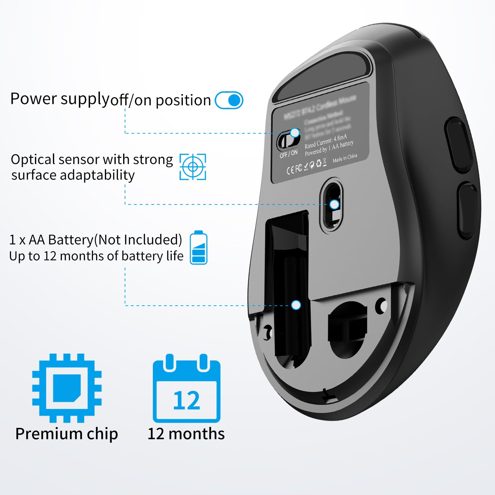 Ratón inalámbrico ergonómico, botones laterales, 2400 DPI, ratón inalámbrico silencioso y antideslizante, 2,4 GHz con receptor USB, 6 botones, apto para laptop, PC, Chromebook y Windows, color negro